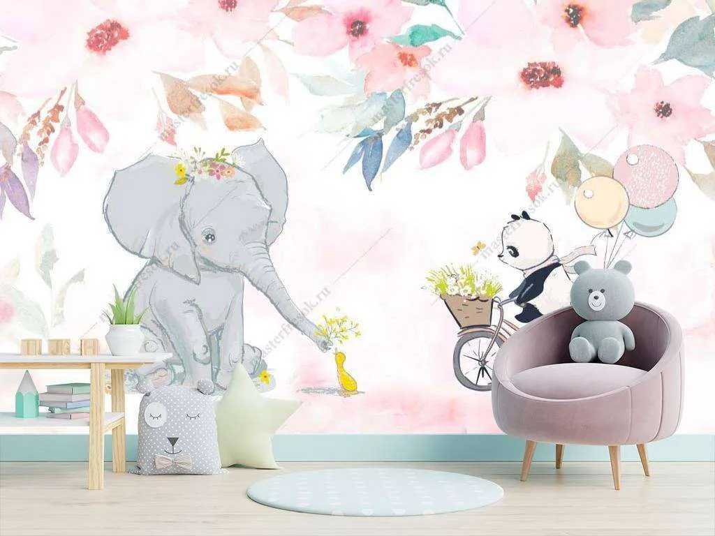 Фотообои в интерьере слоненок и медвежонок  14-019 фото