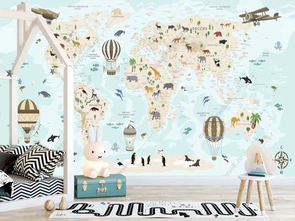 Фотообои в интерьере карта голубая в детскую  12-1007 фото