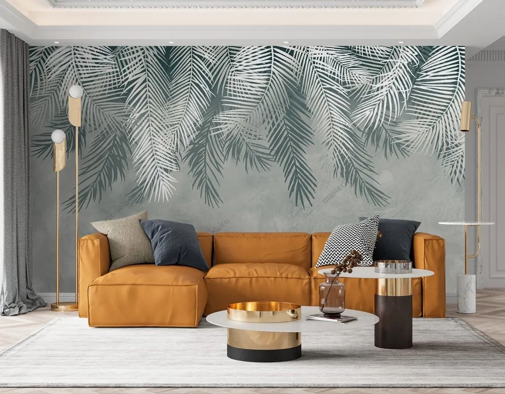 Фотообои в интерьере листья серые  9-1462 фото
