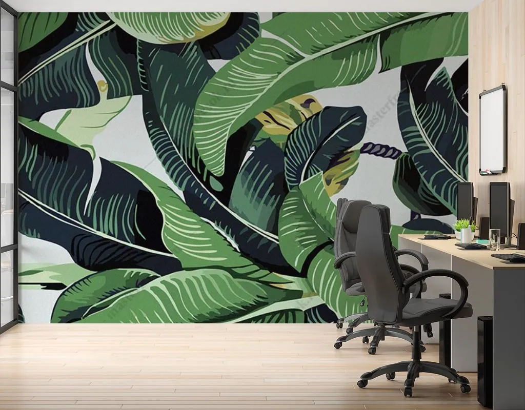 Фотообои в интерьере принт банановые листья  14-483 фото