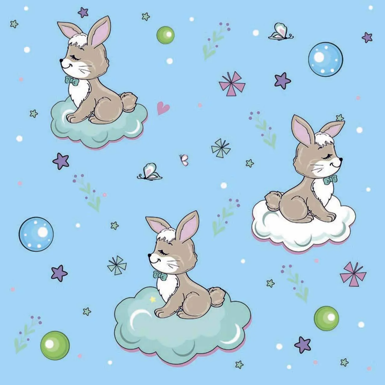 Фотообои в интерьере зверята с шарами на облаках на голубом фоне  12-420 фото