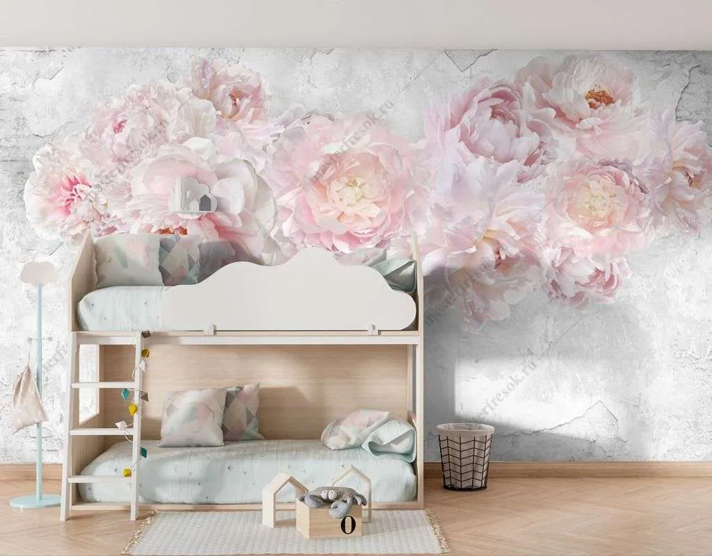 Фотообои в интерьере пионы на мраморном фоне  14-369 фото