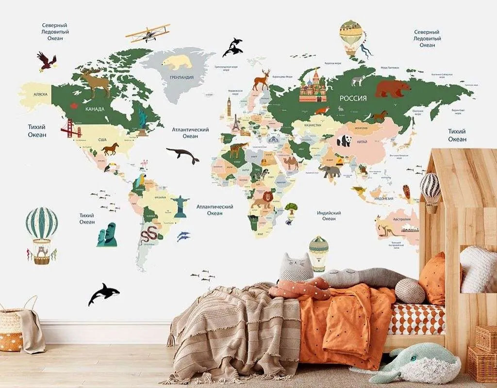 Фотообои в интерьере карта разноцветная  12-1657 фото