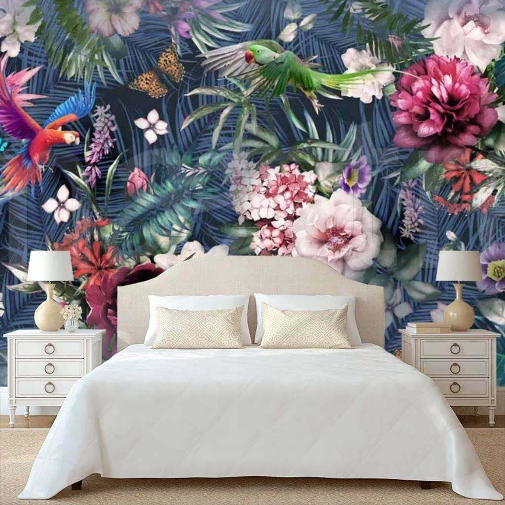 Фотообои в интерьере цветущий сад с попугаями  7-549 фото