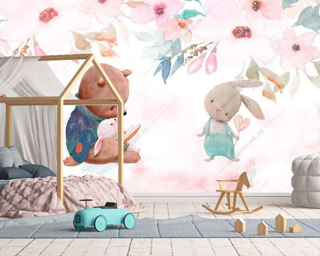 Фотообои в интерьере медвежонок и зайка  14-018 фото
