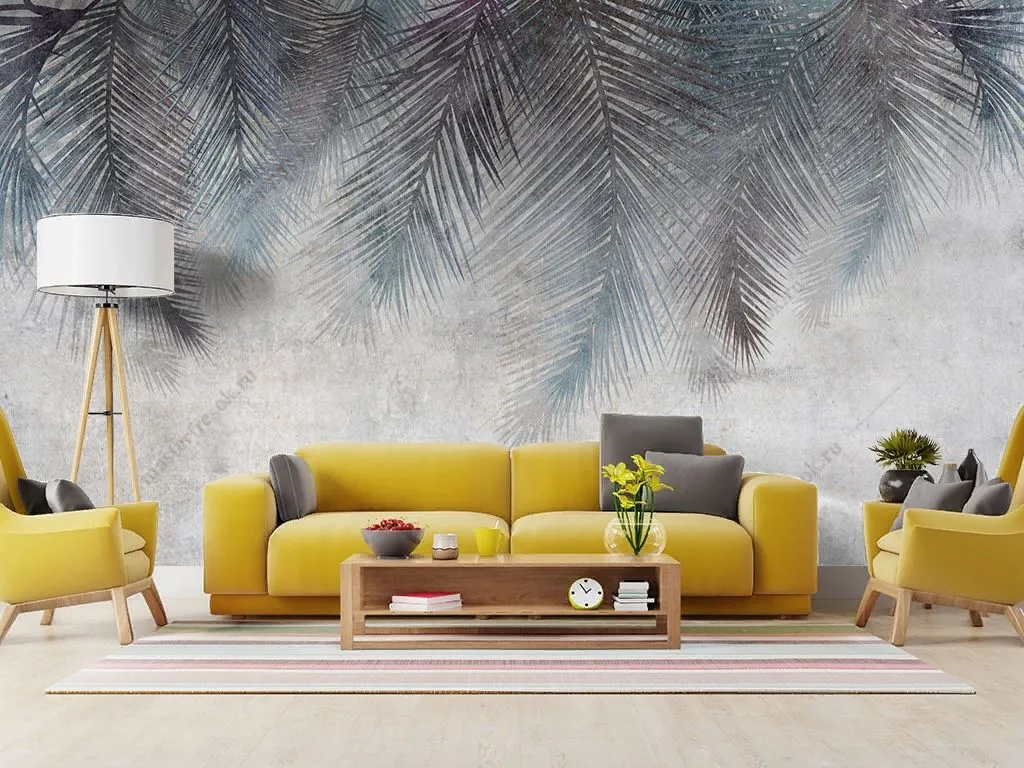 Фотообои в интерьере листья свисающие серо-синие  9-1867 фото