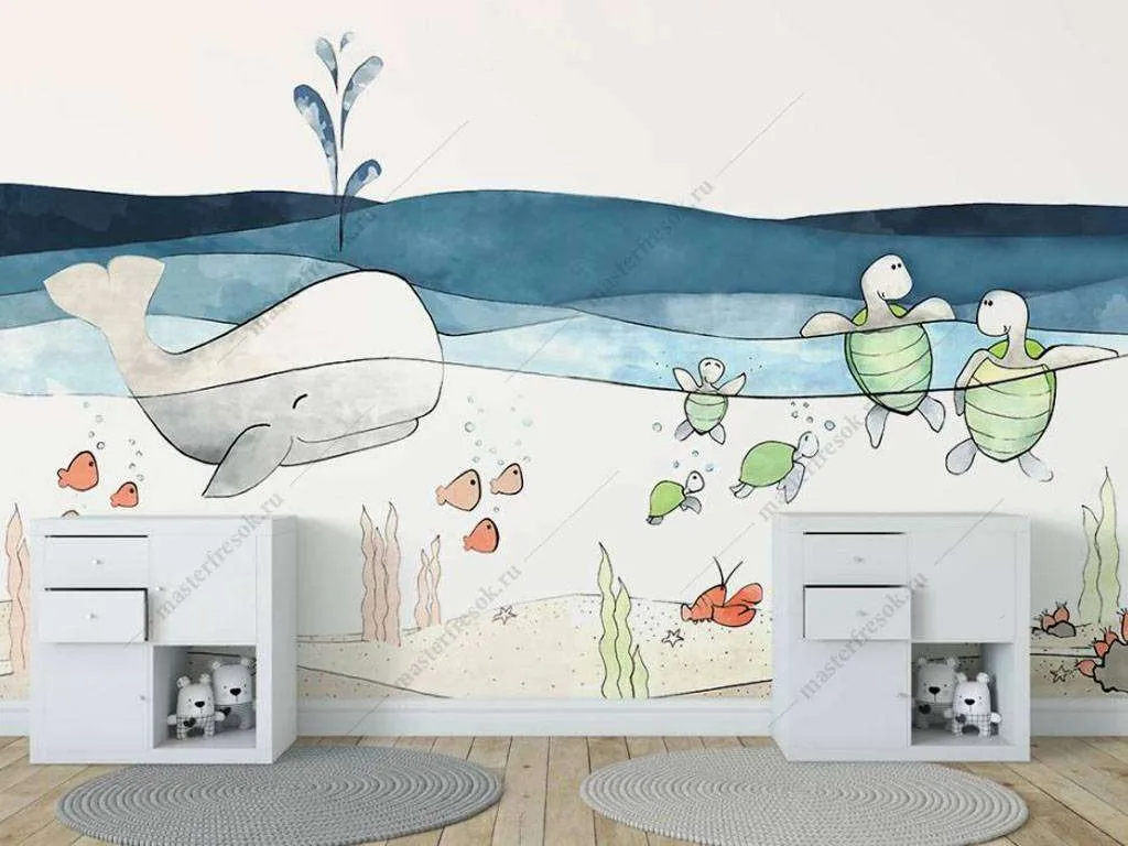 Фотообои в интерьере кит и черепашки  16-037 фото