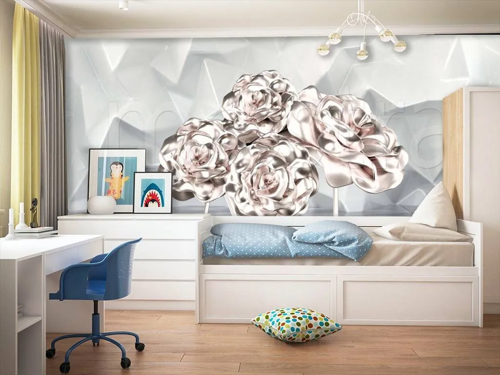 Фотообои в интерьере 3д цветы на серых квадратах  10-548 фото