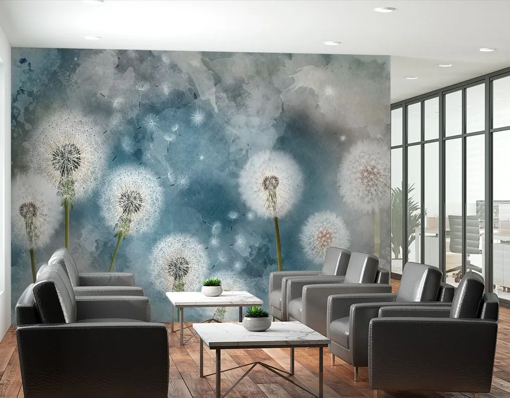 Фотообои в интерьере одуванчики на синем фоне  14-476 фото