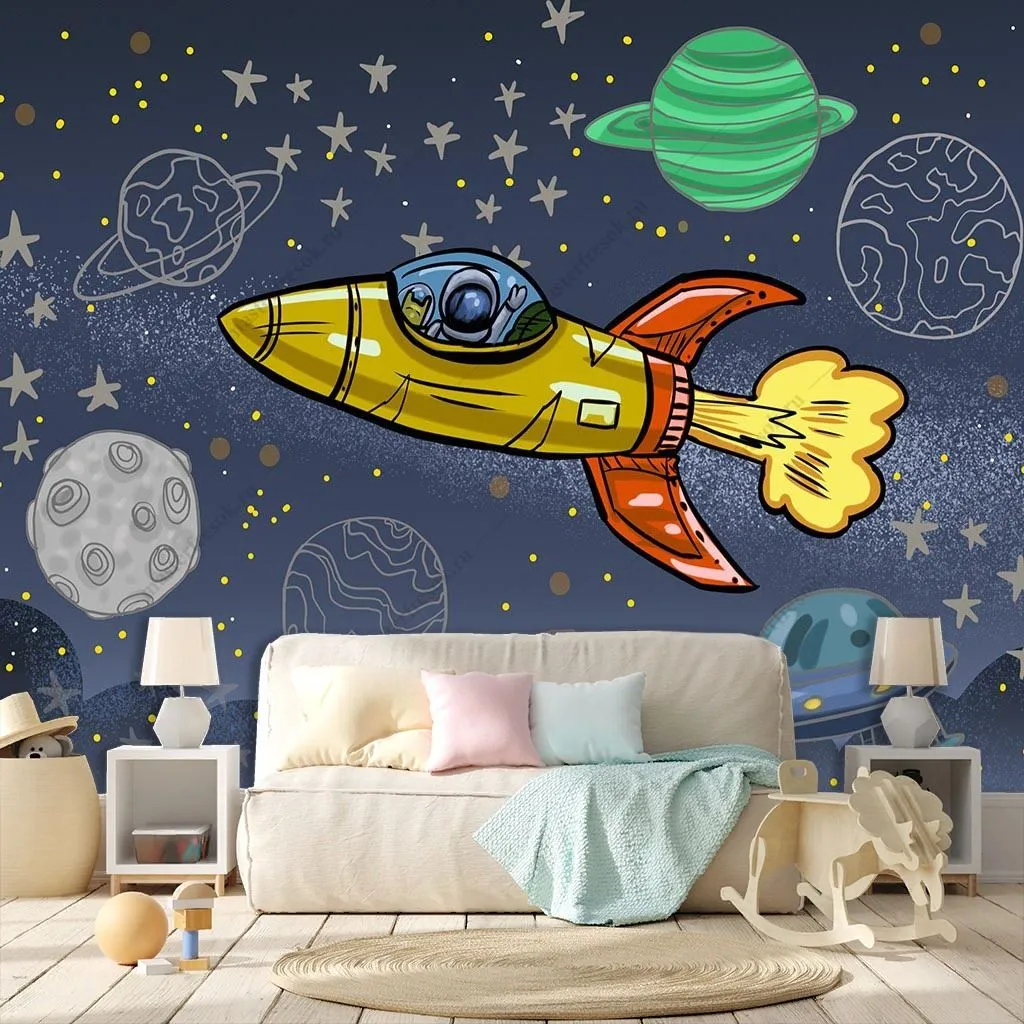 Фотообои в интерьере космос с желтой ракетой  14-661 фото