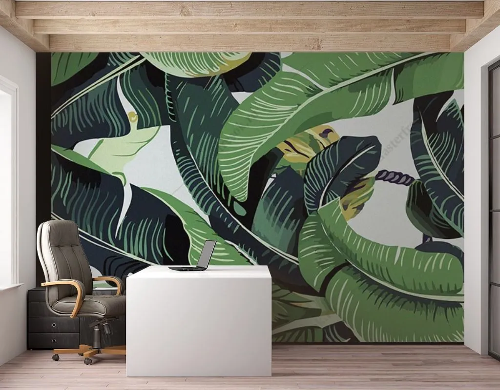 Фотообои в интерьере принт банановые листья  14-483 фото