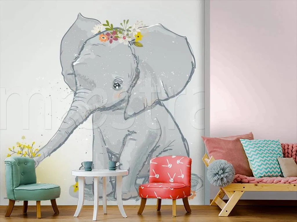 Фотообои Серый слон сидит на светлом фоне  12-341