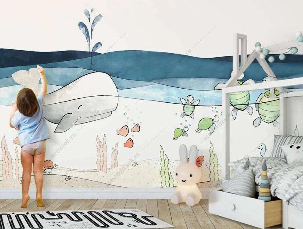 Фотообои в интерьере кит и черепашки  16-037 фото