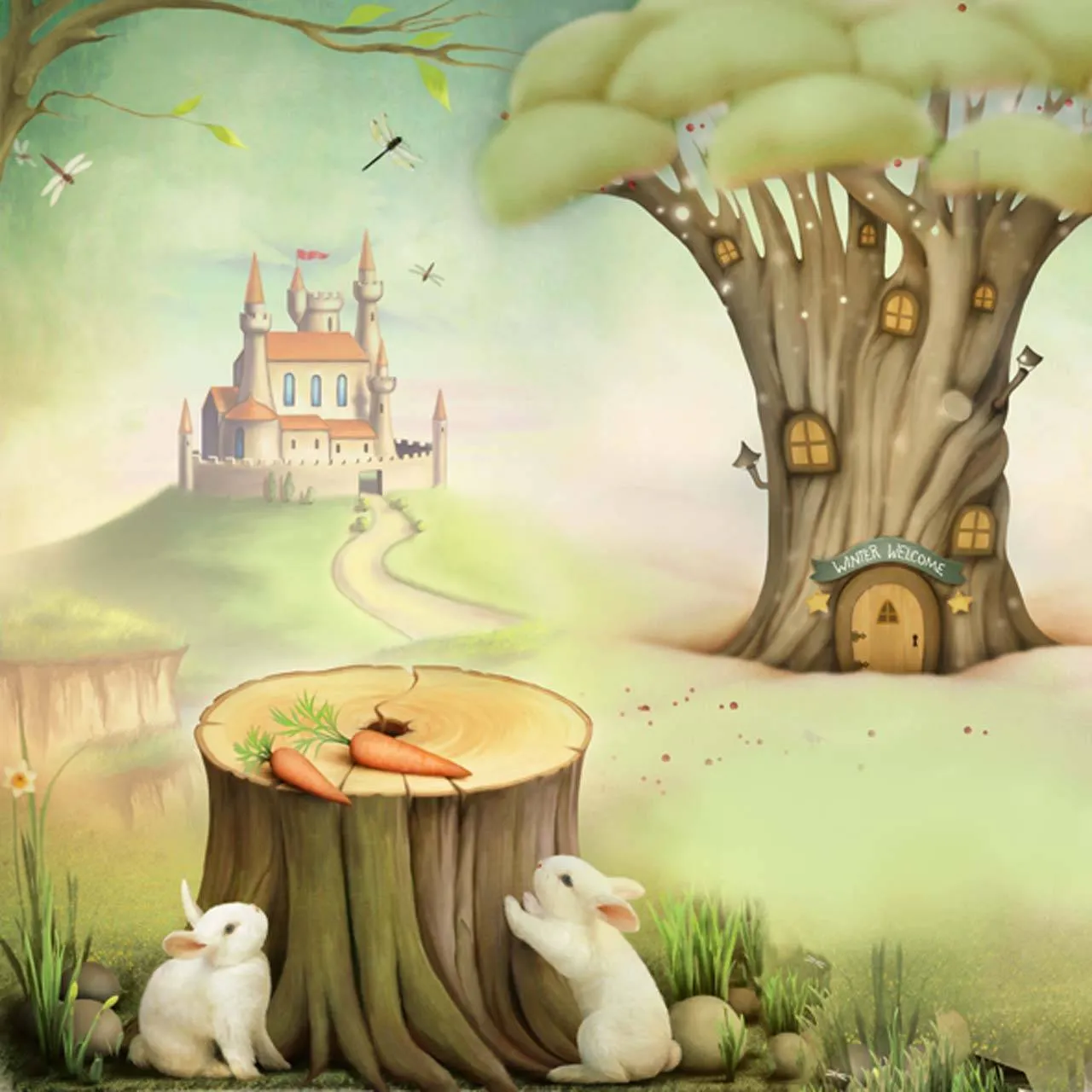 Фотообои в интерьере поляна с двумя зайцами и замком  12-008 фото