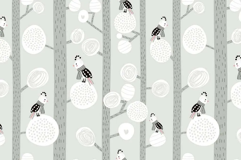 Фотообои в интерьере лес серый с птичками  12-713 фото