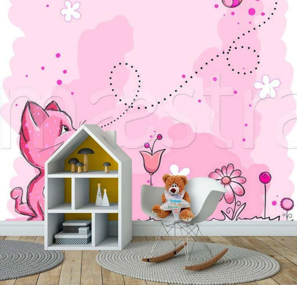 Фотообои в интерьере розовый котенок  12-071 фото