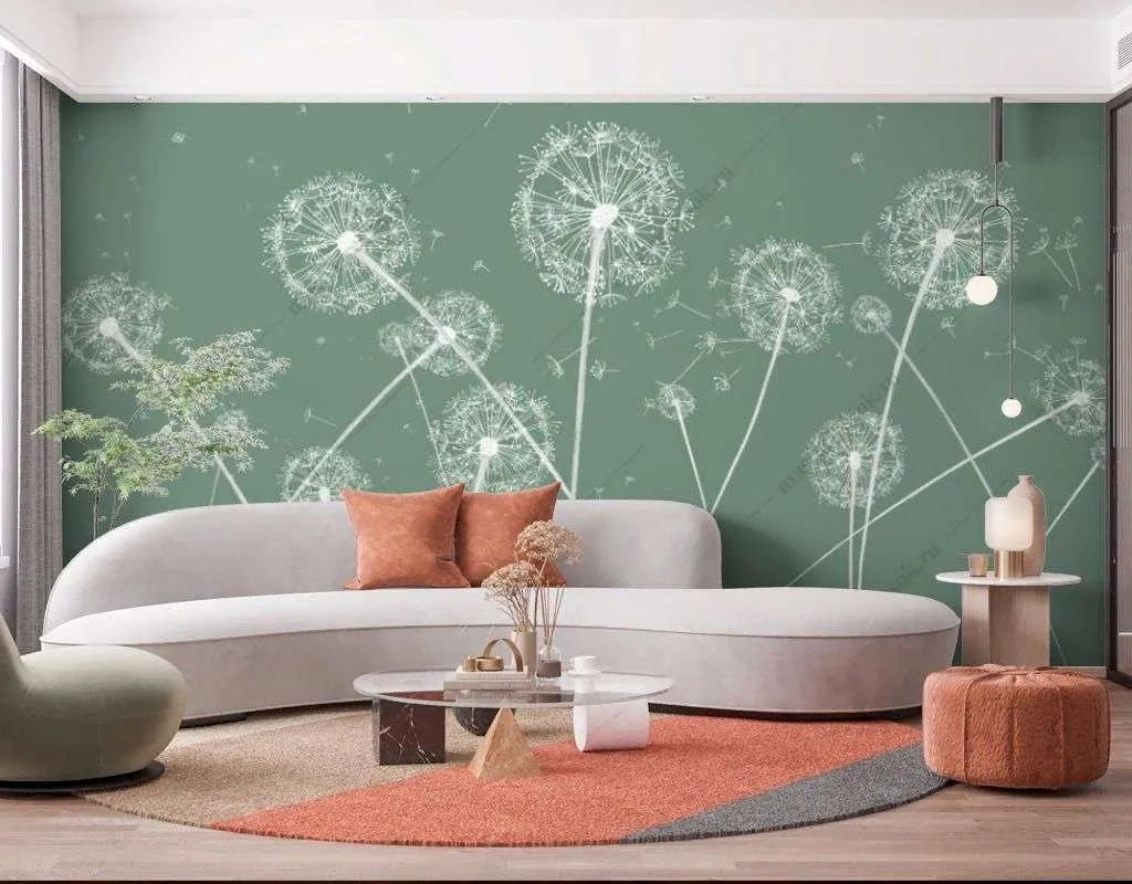 Фотообои в интерьере одуванчики на зелёном фоне  14-526 фото