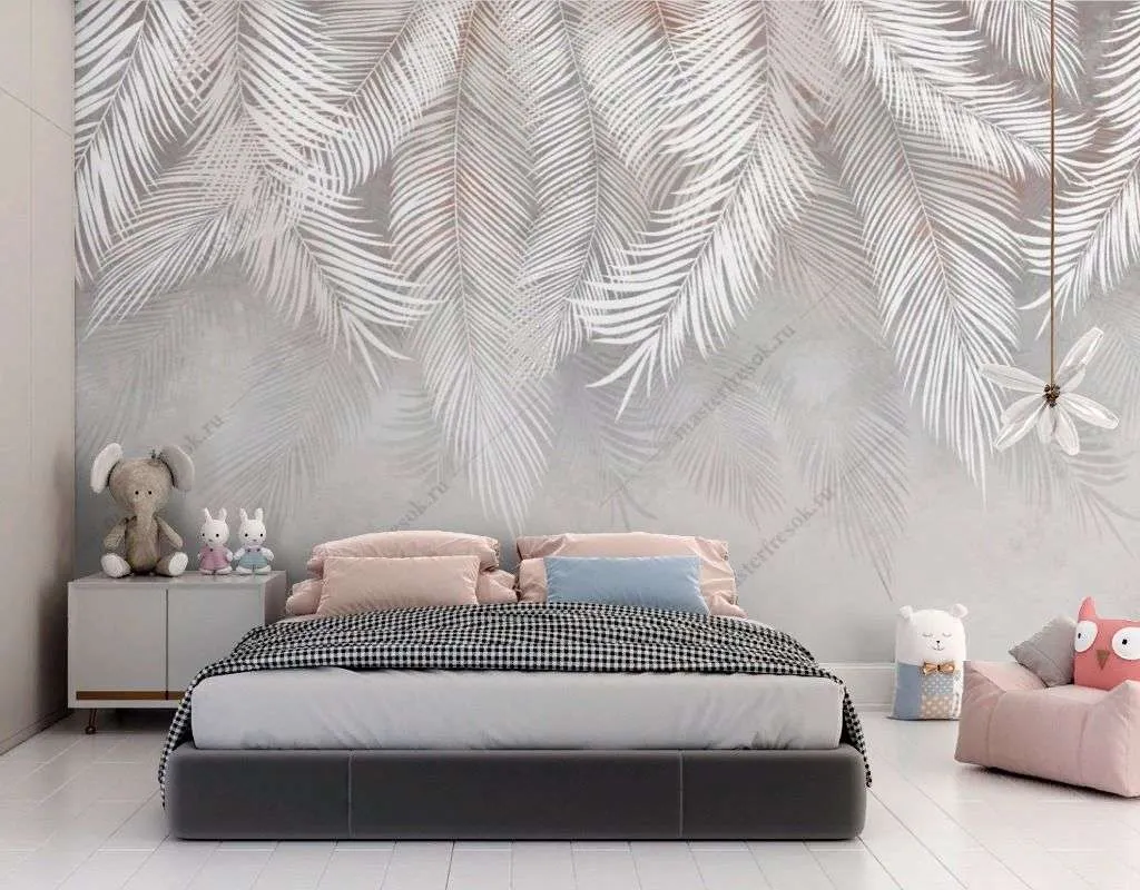 Фотообои в интерьере листья пальмы свисающие вниз  14-376 фото