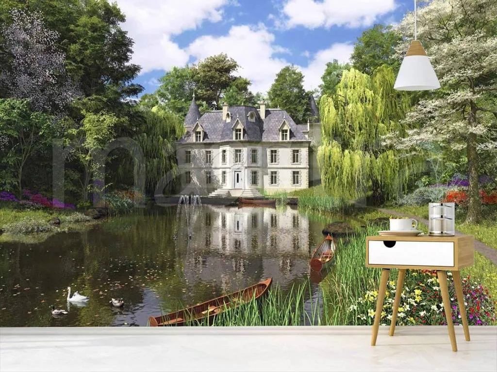 Фотообои в интерьере дом в лесу с озером  8-136 фото