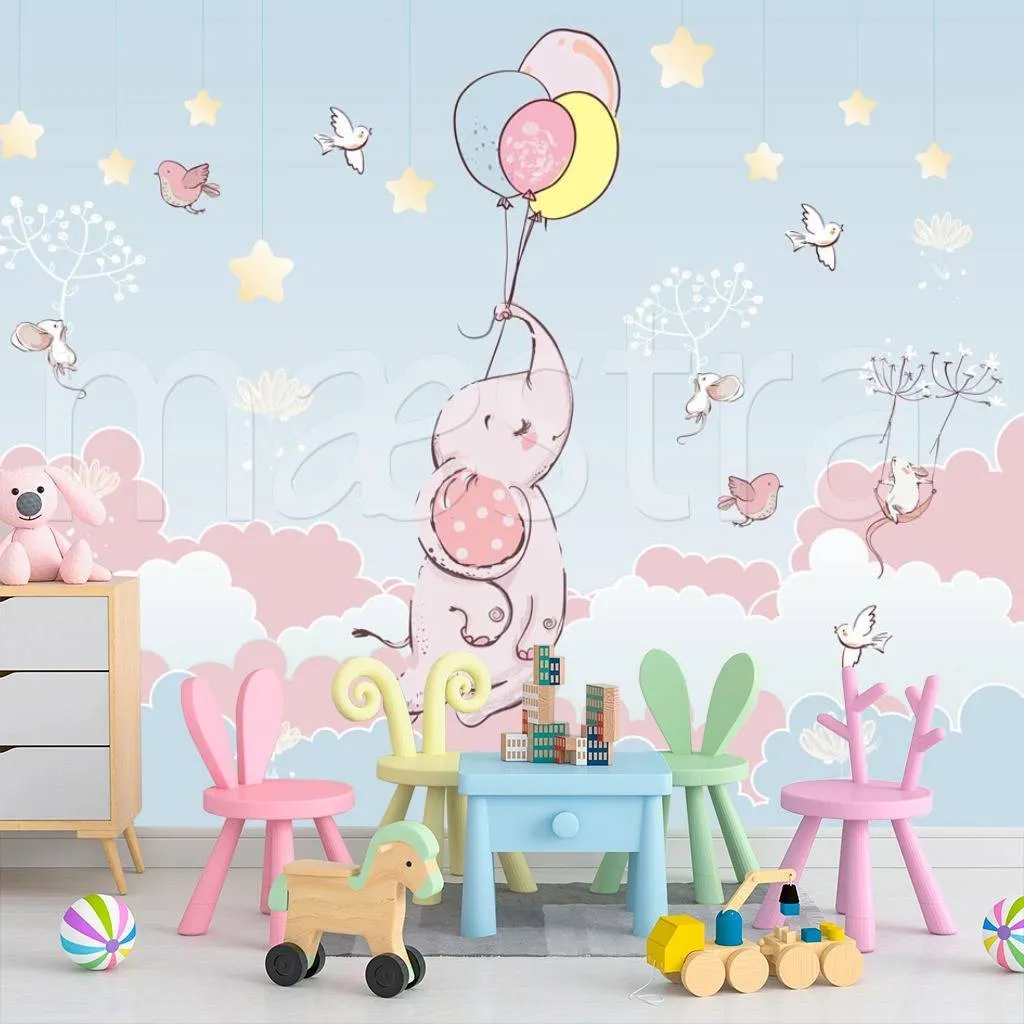 Фотообои Слон парит в облаках на голубом фоне  12-411