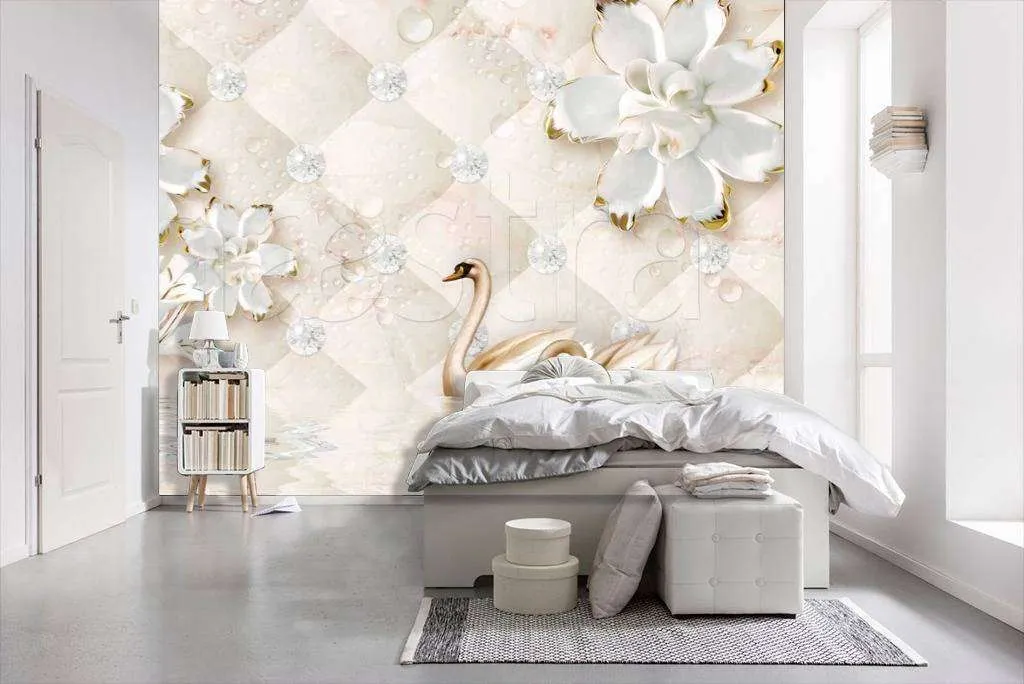 Фотообои 3д цветы на бежевом фоне и лебеди  10-453