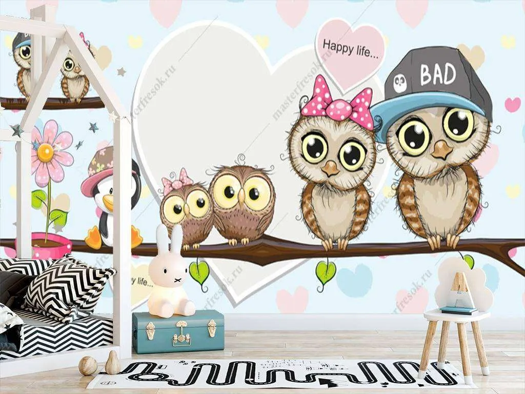 Фотообои в интерьере семейство сов  12-930 фото