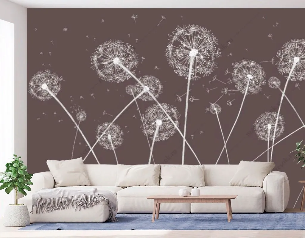 Фотообои в интерьере одуванчики на коричневом фоне  14-528 фото