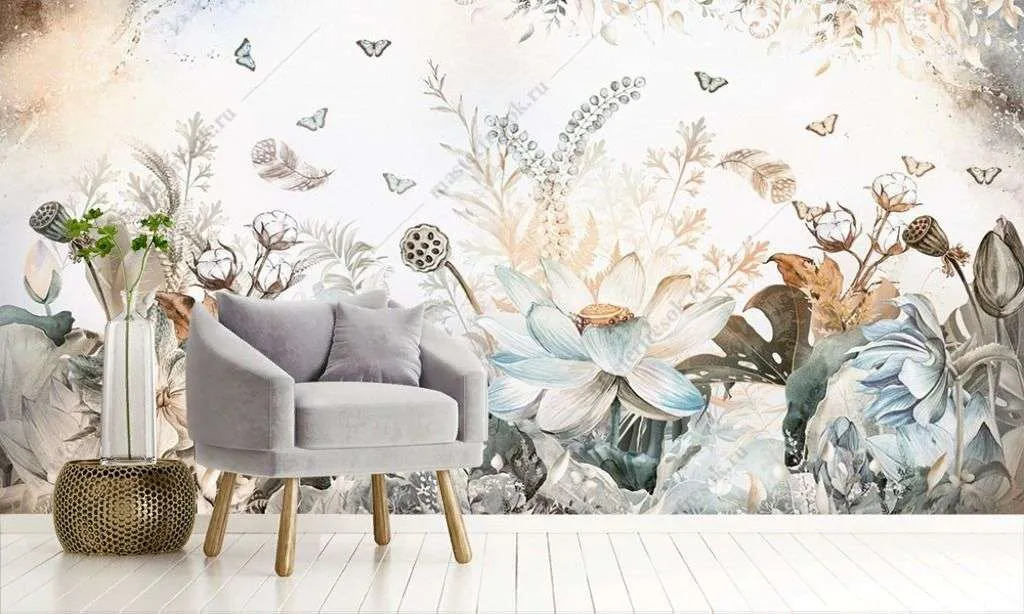 Фотообои в интерьере 3д цветы светлые  14-341 фото