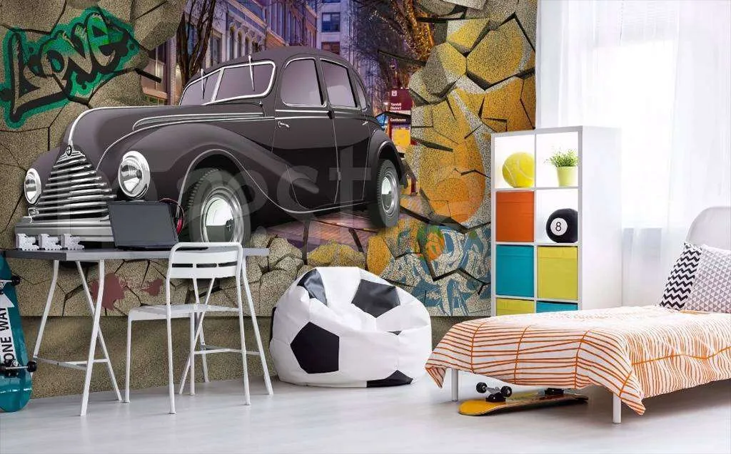 Фотообои в интерьере машина баллончиком на стене  12-383 фото