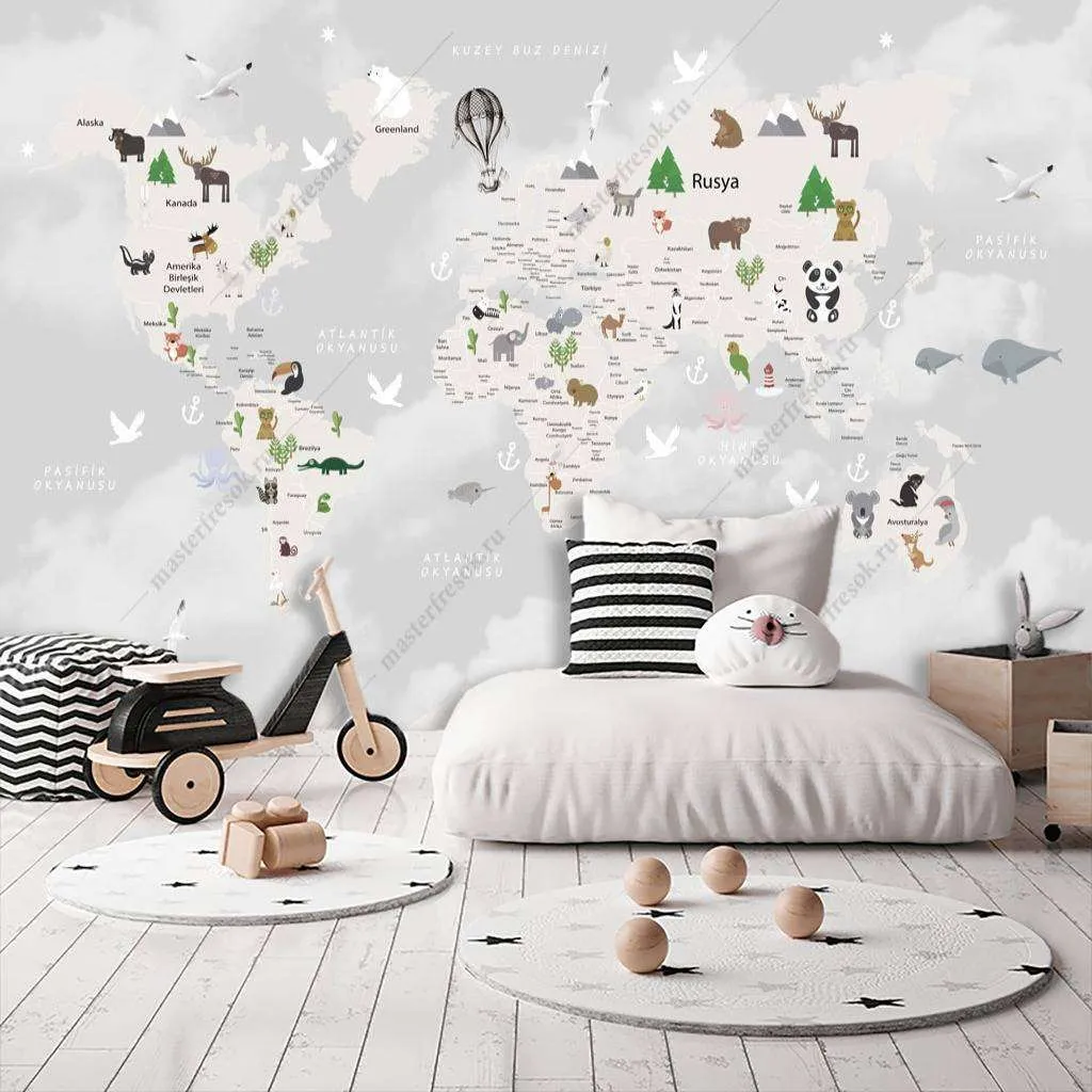 Фотообои в интерьере карта мира светлая  12-788 фото