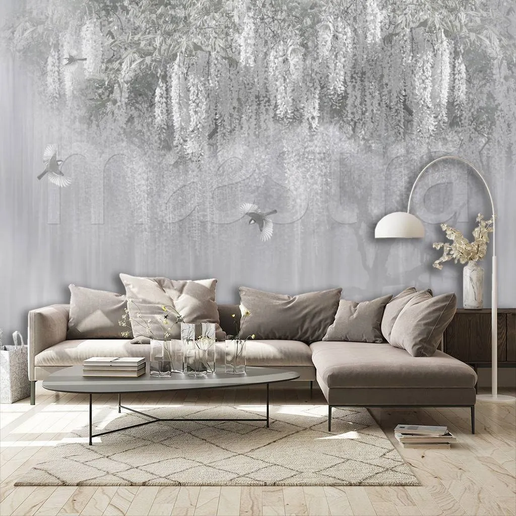 Фотообои в интерьере серое цветущее дерево  7-908 фото