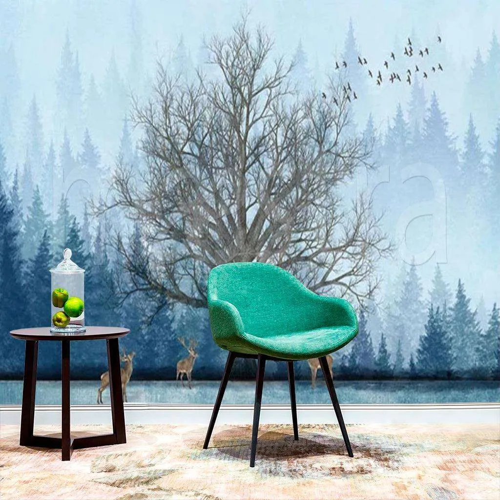 Фотообои в интерьере дерево в голубом лесу  15-531 фото