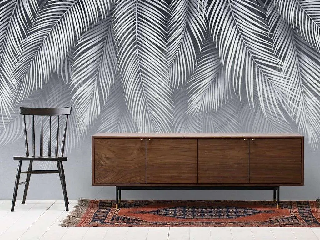 Фотообои в интерьере листья на сером фоне  9-1871 фото