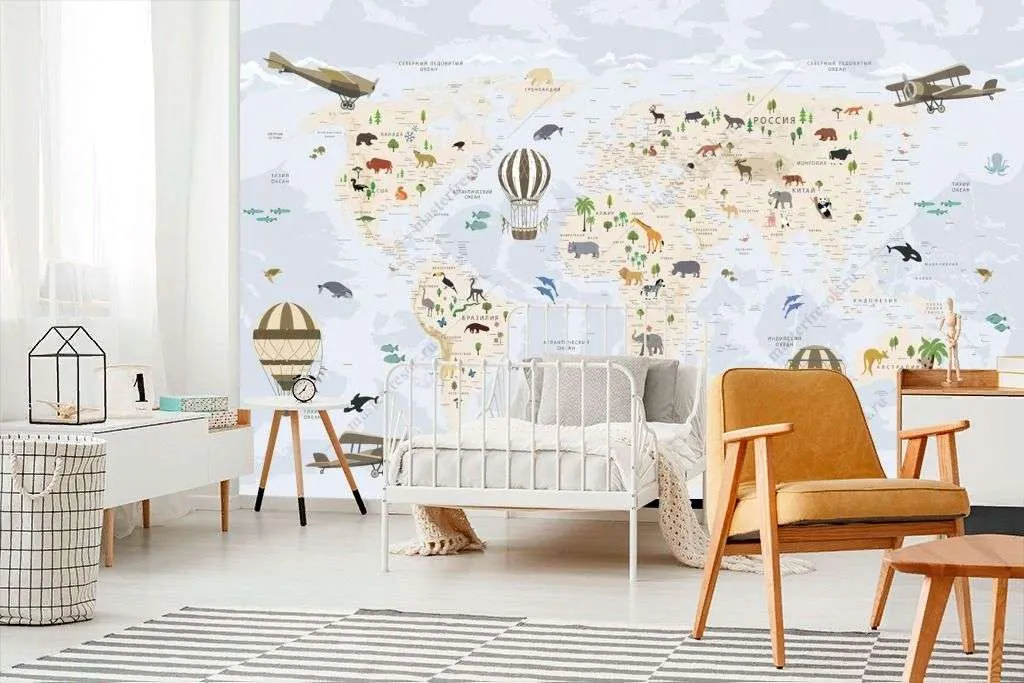 Фотообои в интерьере детская карта с животными  12-1319 фото