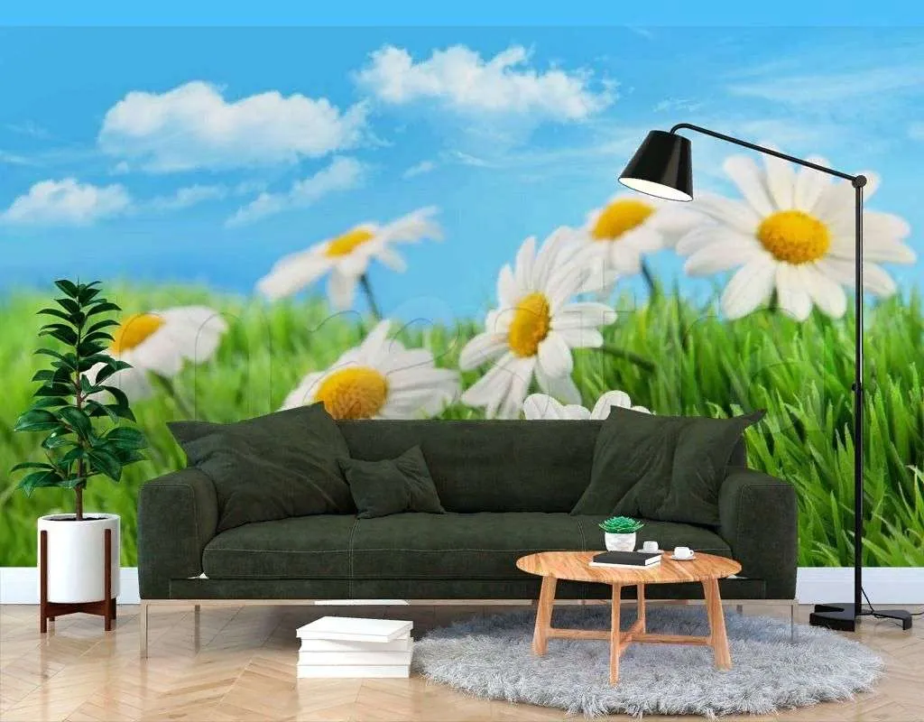Фотообои в интерьере скромные ромашки  10-338 фото