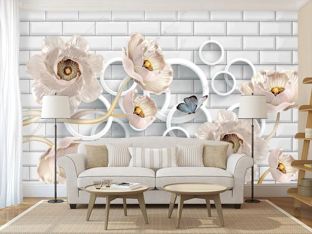 Фотообои в интерьере 3д бежевые цветы на стене  10-906 фото