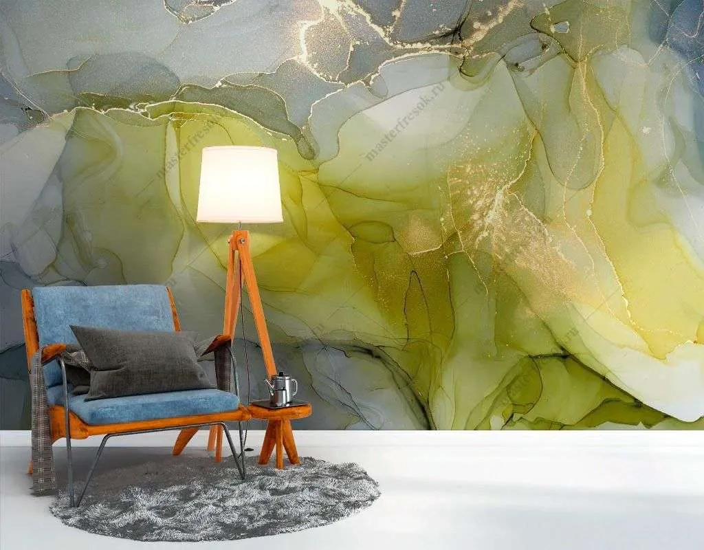 Фотообои в интерьере сине-желтый флюид  9-1335 фото