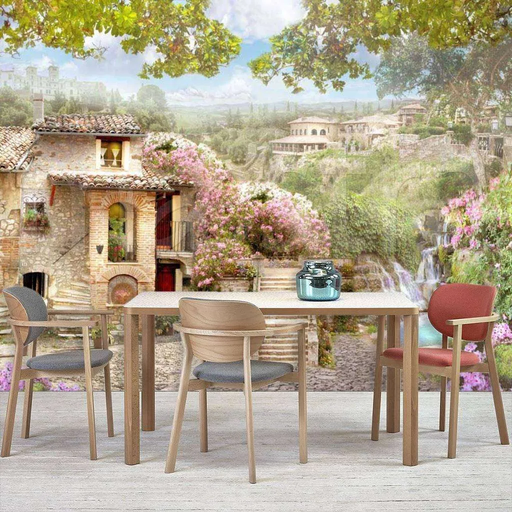 Фотообои в интерьере вид на старинный домик с водопадом  6-058 фото