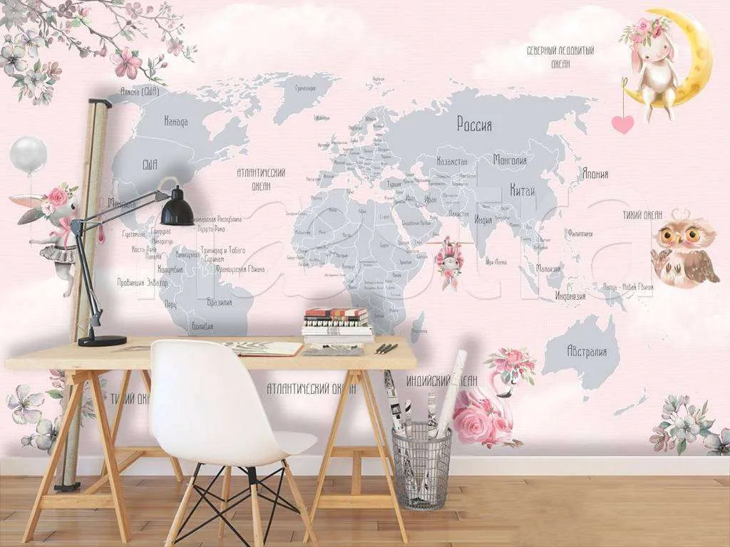 Фотообои в интерьере карта на русском розовая  12-503 фото