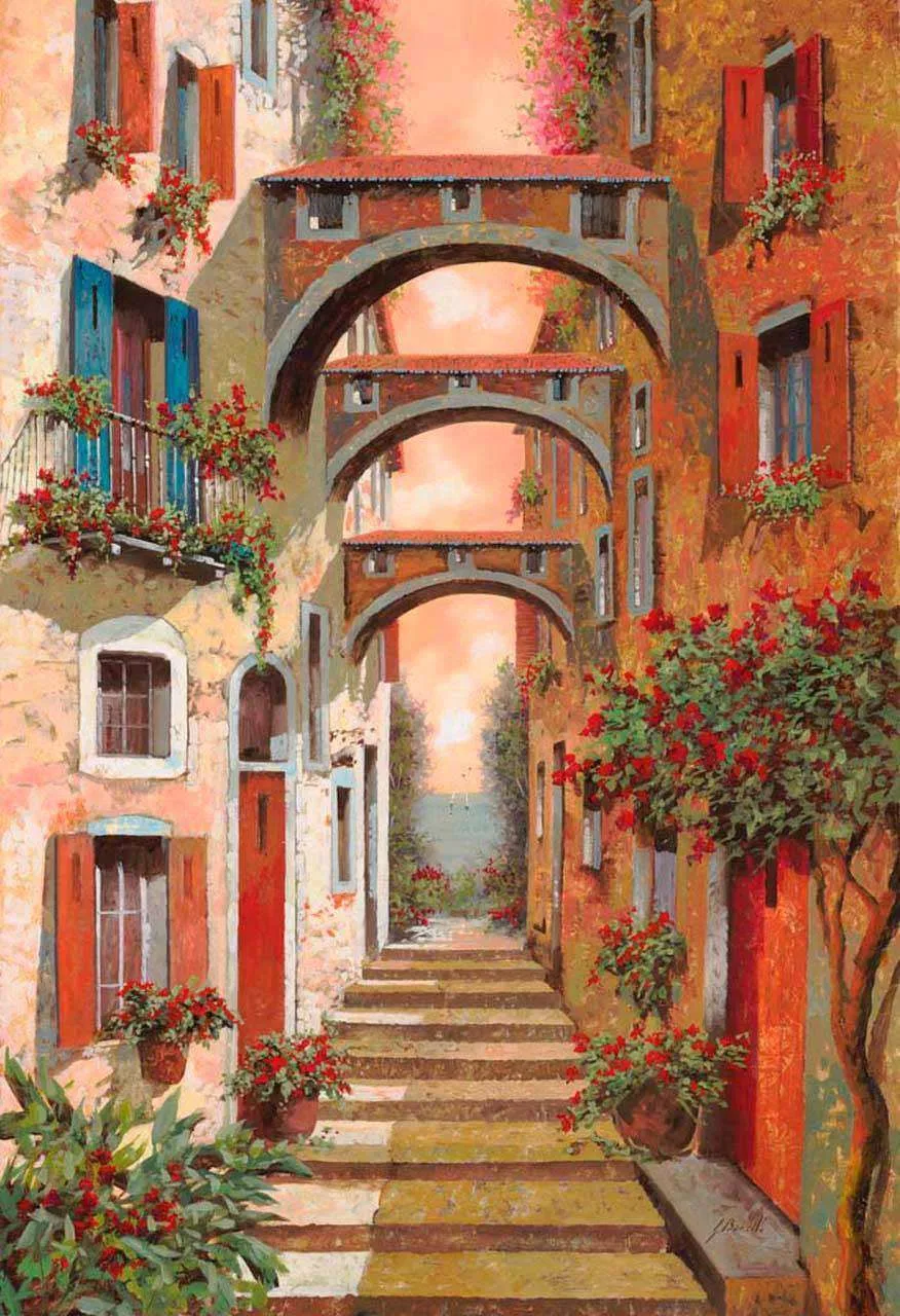 Фотообои в интерьере улочка уходящая вдаль с арками  8-003 фото