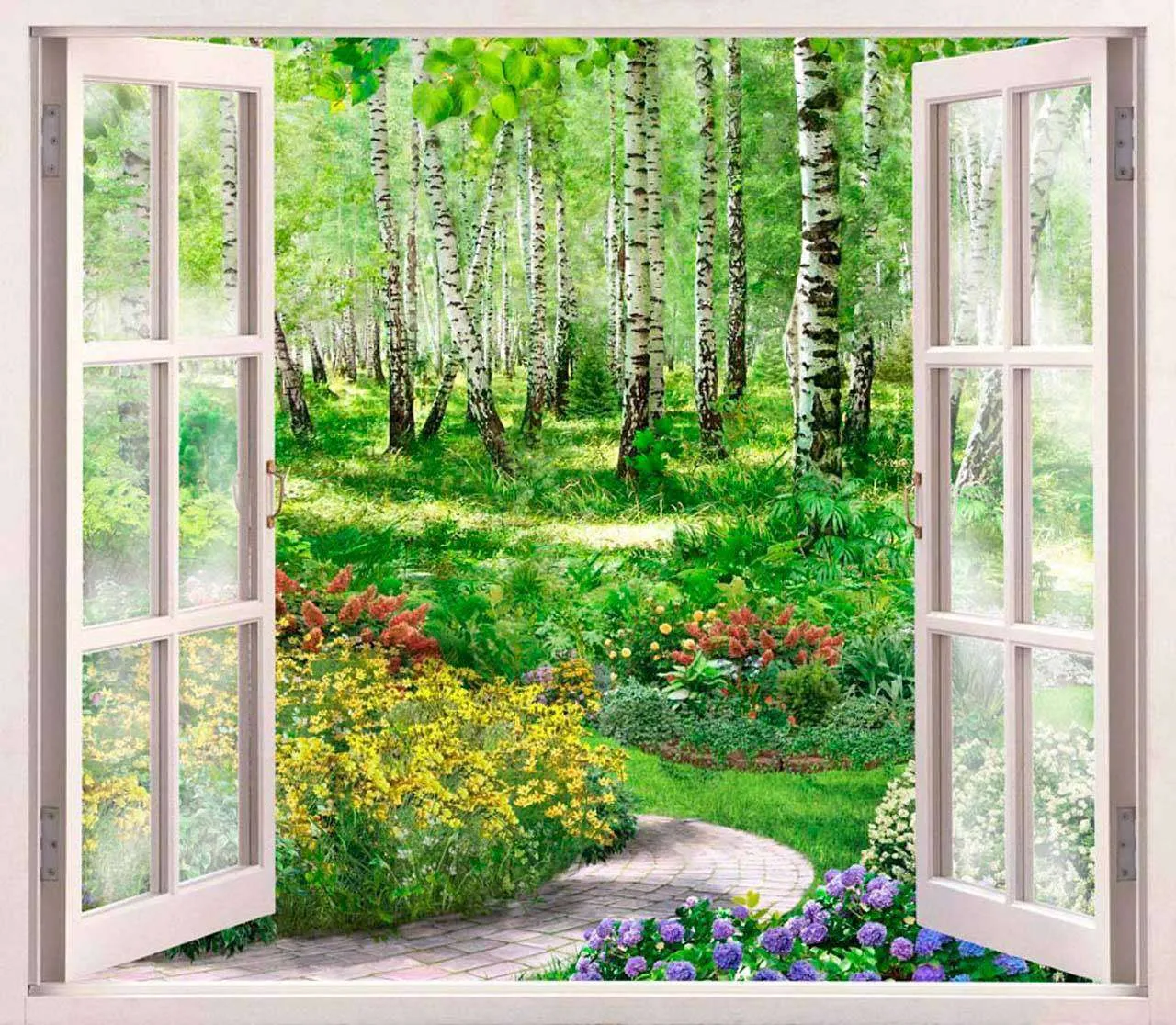 Фотообои в интерьере окно с видом на березовую рощу  7-642 фото