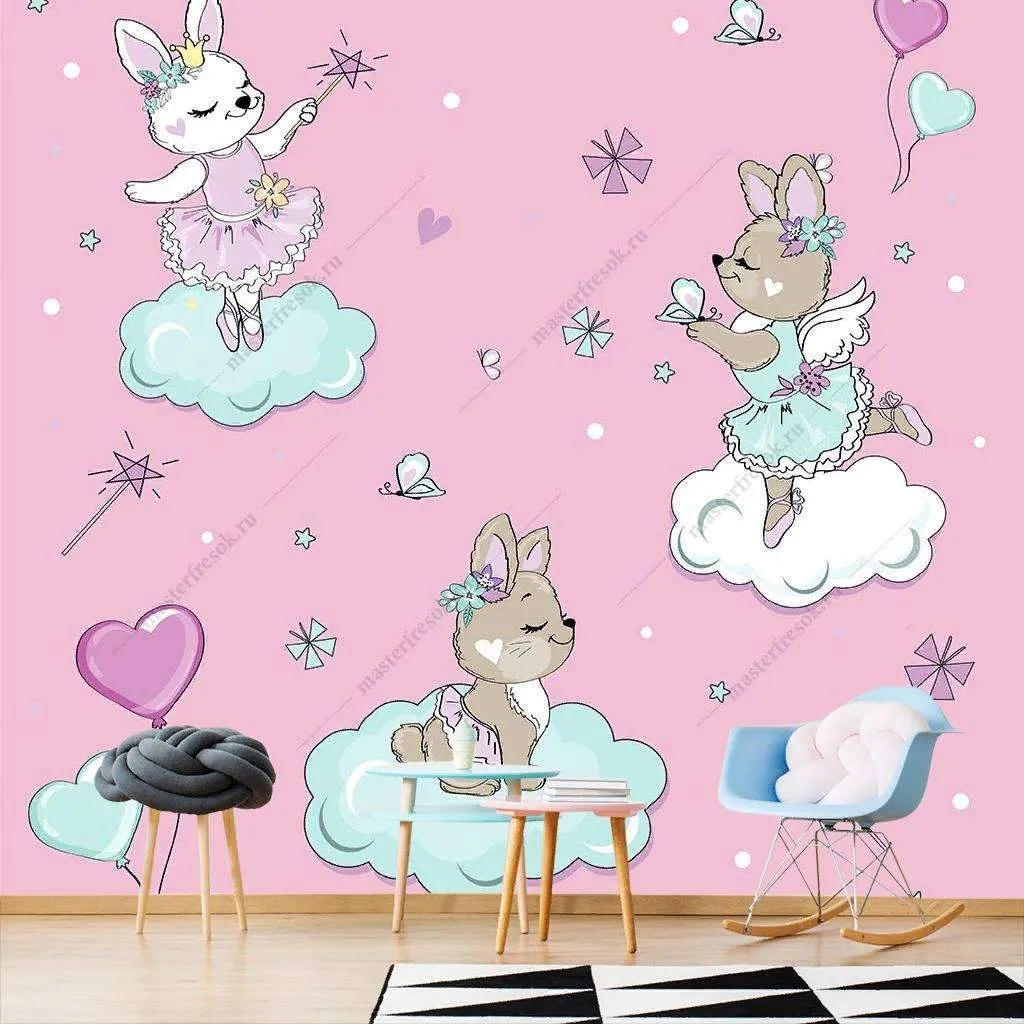 Фотообои в интерьере зверята на облаках на розовом фоне  12-419 фото