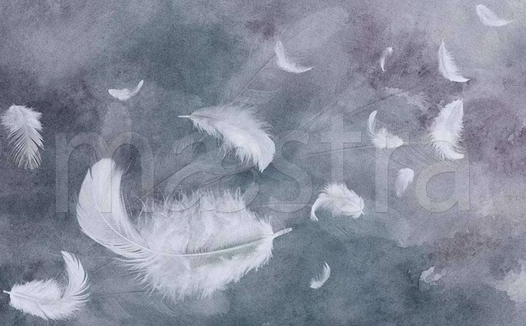 Фотообои в интерьере белые перья и дым  15-510 фото