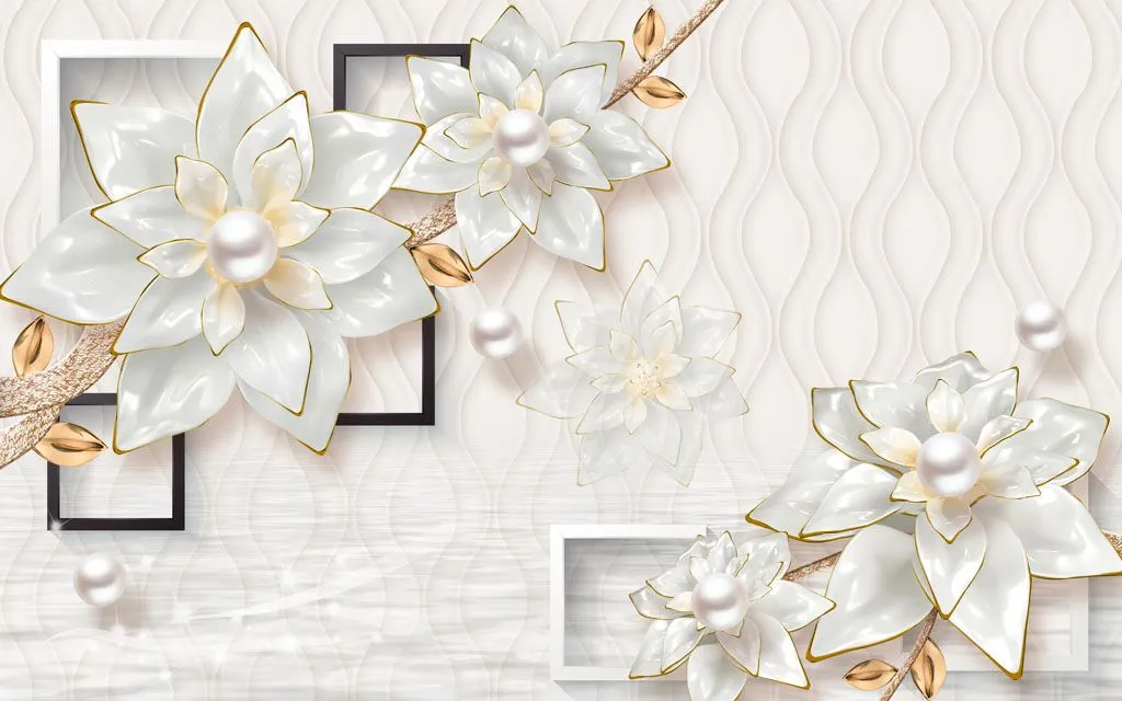 Фотообои в интерьере 3д геометрия с цветами  10-648 фото