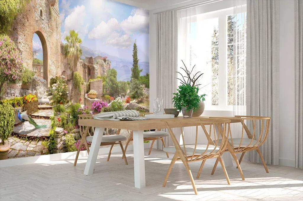 Фотообои в интерьере стена с цветущей аркой  7-203 фото