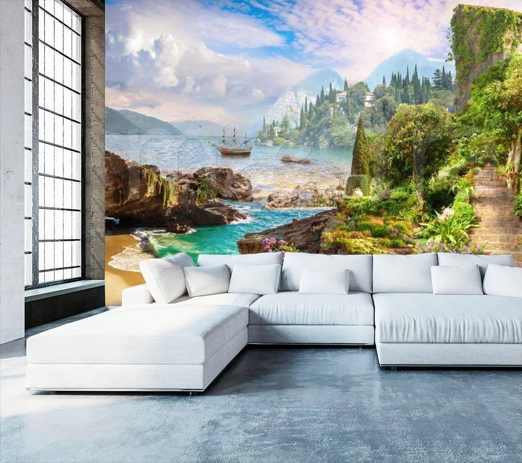 Фотообои в интерьере парк с видом на скалистый берег  7-039 фото