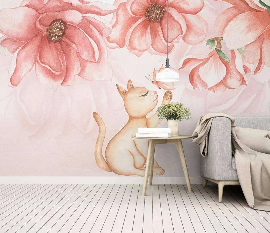 Фотообои в интерьере кошечка в цветочках  15-197 фото