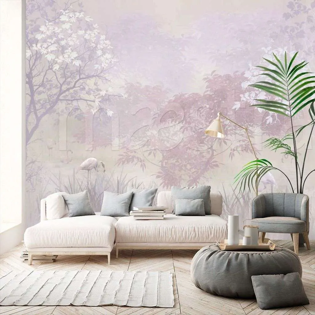 Фотообои в интерьере розовый лес и фламинго  7-677 фото