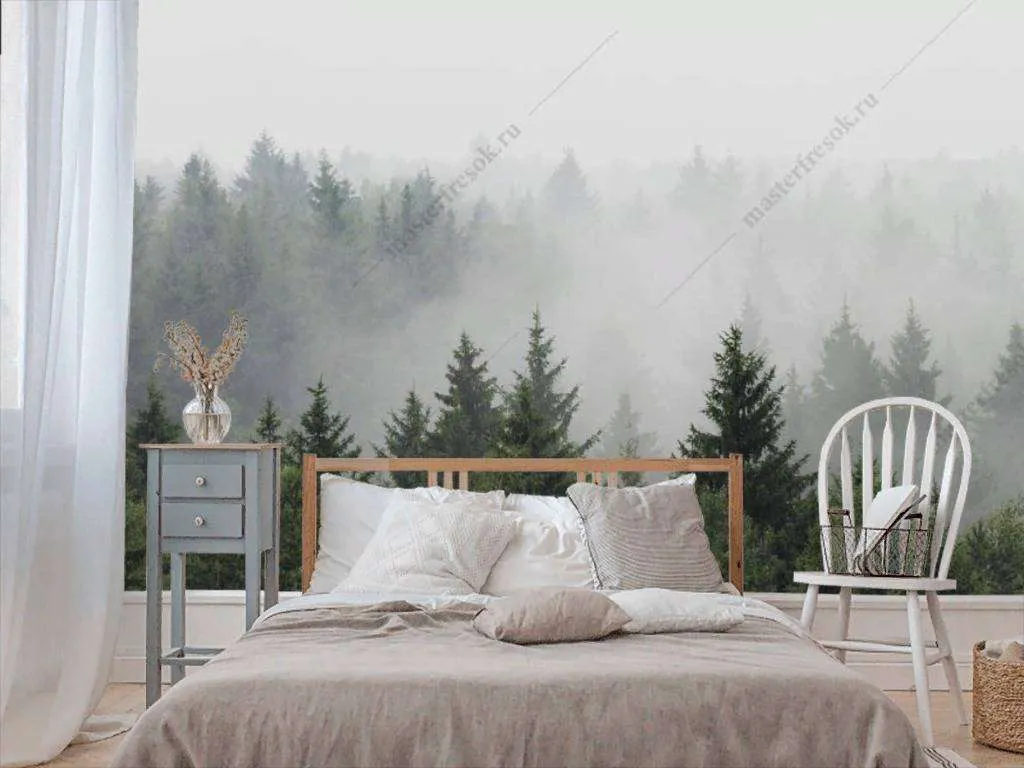 Фотообои в интерьере туман в утреннем лесу  9-1215 фото