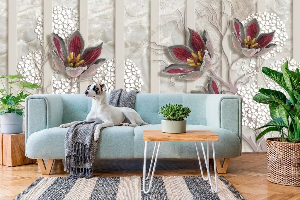 Фотообои в интерьере 3д лепестки на белом фоне  10-905 фото